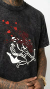 Macro detailed close-up shot focusing on the high-quality red crystal rhinestones and soft white suede flocking texture used in the Cupid Headshot design of the iLLionaire Society tee.