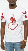Close up of Front view of white iLLionaire Society t-shirt featuring a raised Red Suede Flock Faceless Gentleman logo and red suede camo print on heavyweight cotton