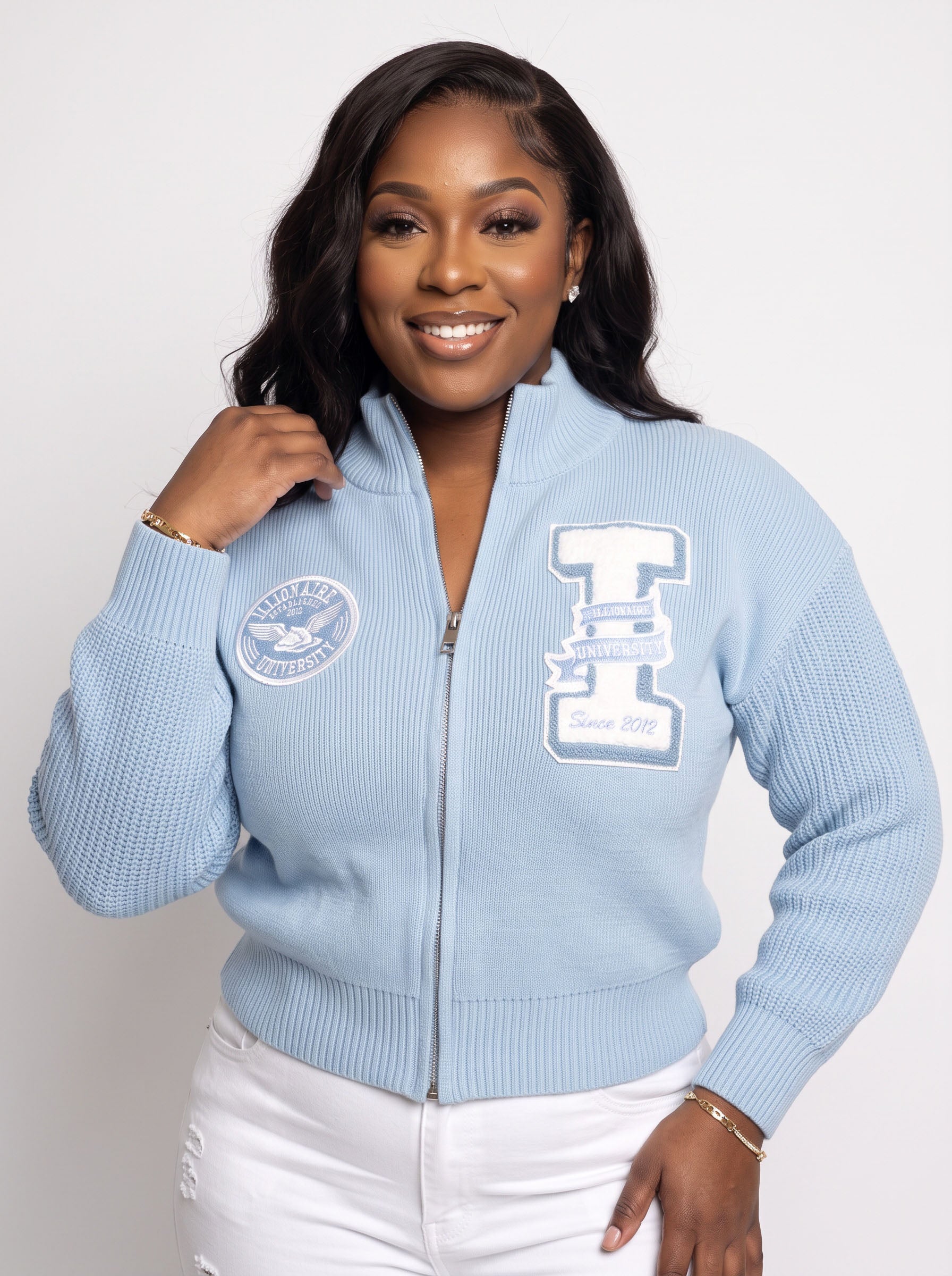 iLLionaire University Women's Mock Neck Zip-Up Knit Cardigan