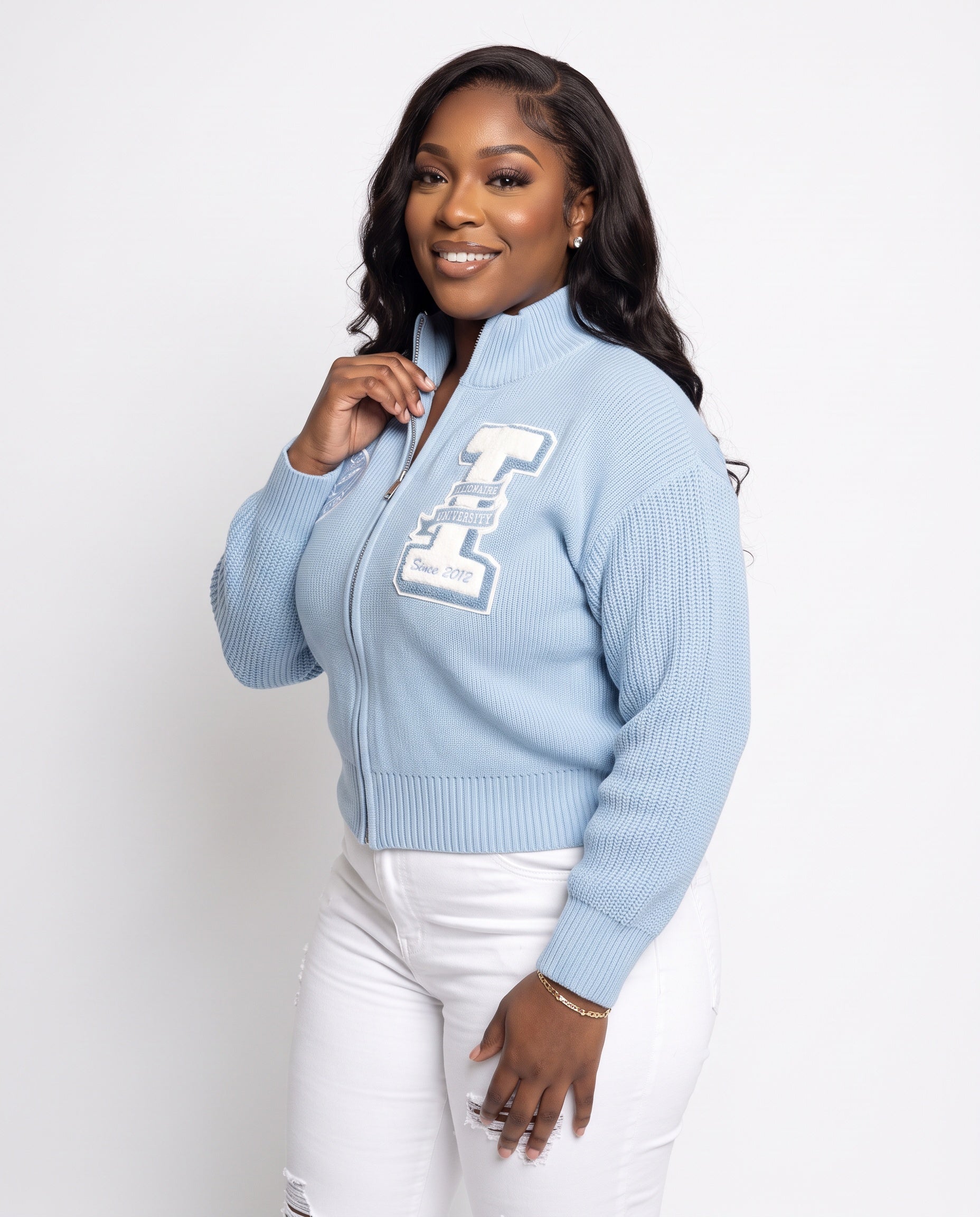iLLionaire University Women's Mock Neck Zip-Up Knit Cardigan