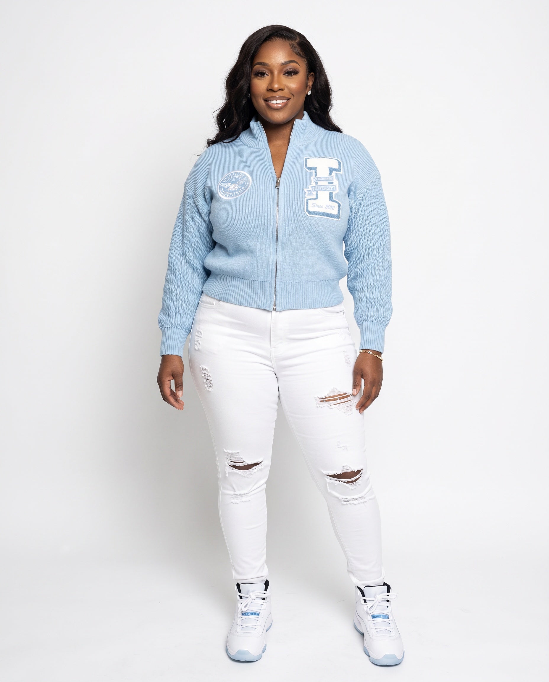iLLionaire University Women's Mock Neck Zip-Up Knit Cardigan